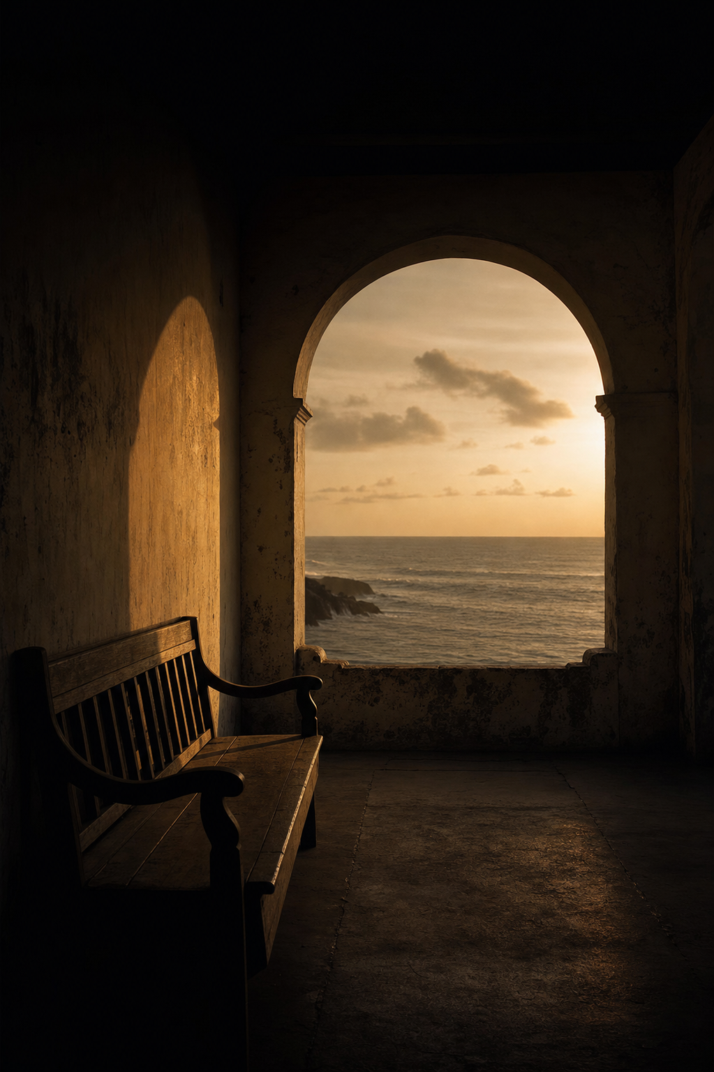 A quiet veranda at golden hour overlooking the Cape Coast ocean — a place of memory and stillness.